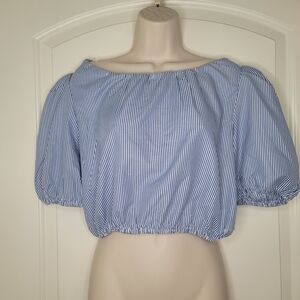 Blue Striped Crop Top W/tieback And Puffy Sleeves